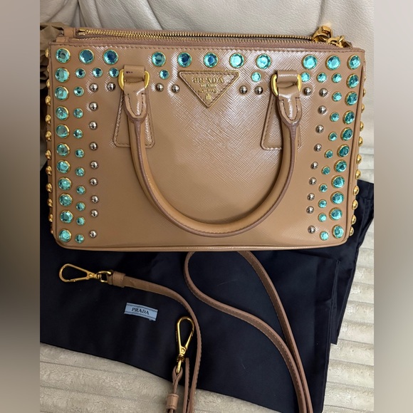 Prada Handbags - Prada Beige Saffiano Satchel with Turquoise Crystal Studs